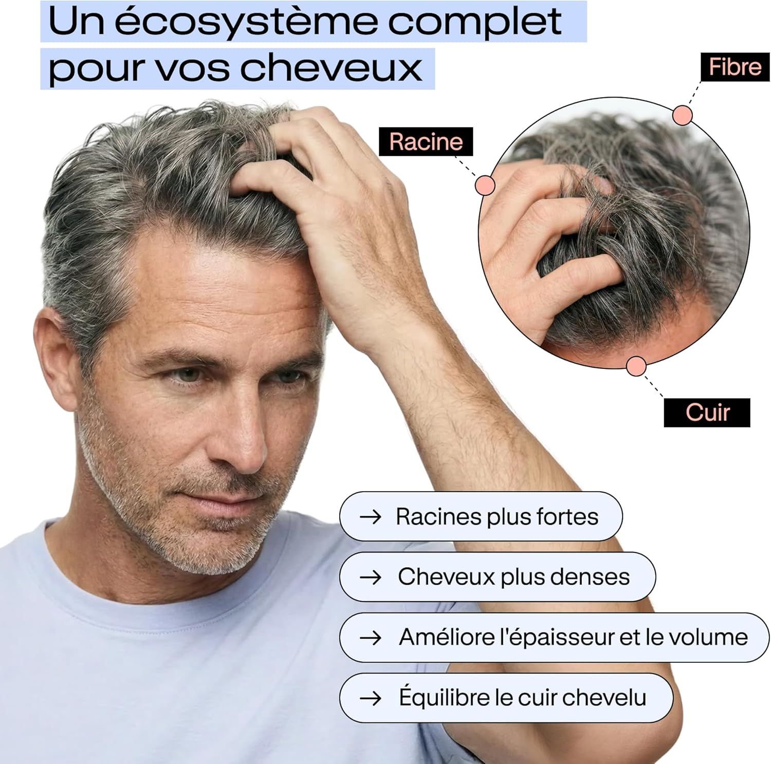 Homme aux cheveux gris se grattant la tête. Gros plan montrant les racines des cheveux, les fibres et le cuir chevelu.