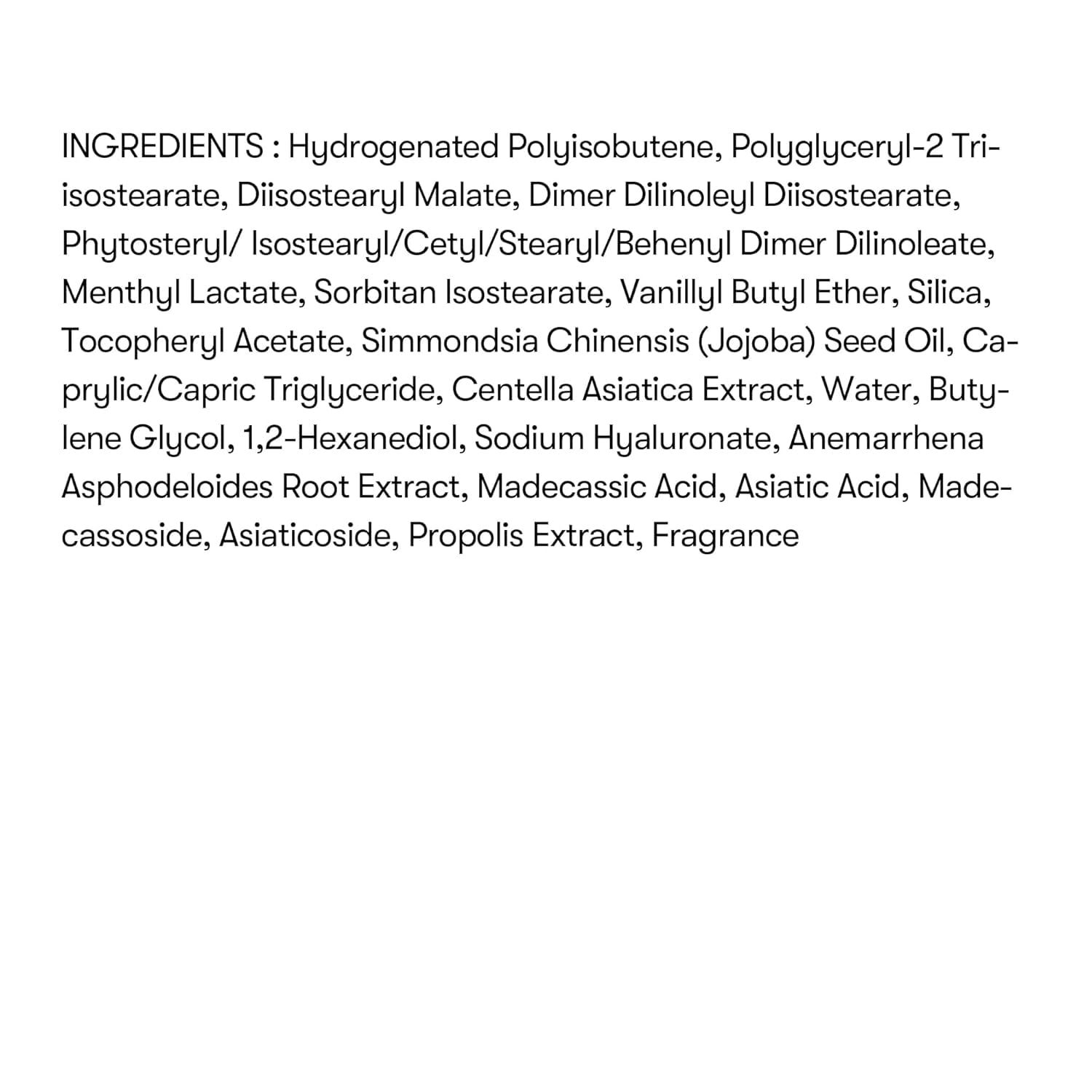 Lijst met ingrediënten van de lip-plumper. Tekst: Hydrogenated Polyisobutene, etc.