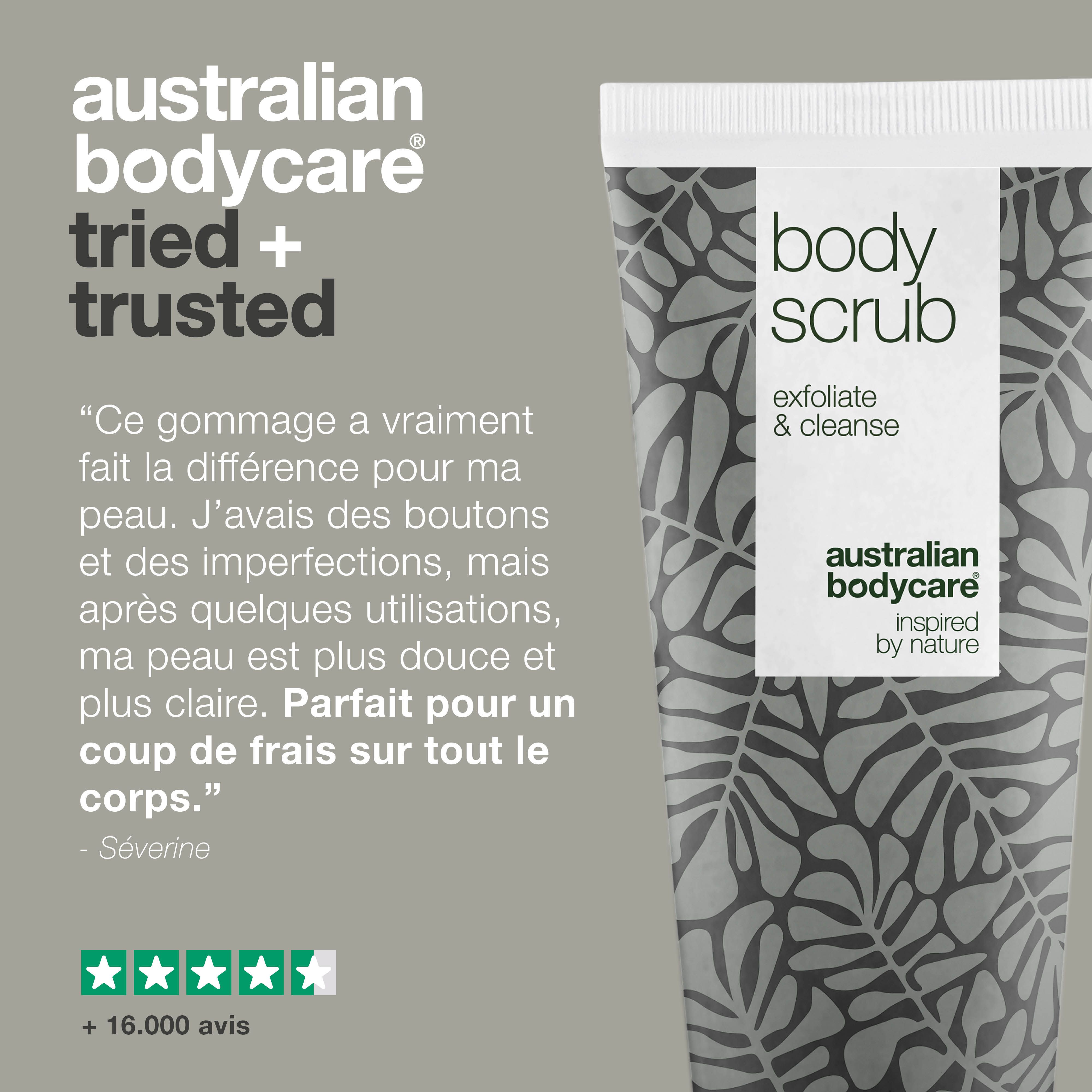 Graphique : Australian Bodycare, essayé et approuvé. Citation et évaluation 5 étoiles. Tube de gommage corporel.