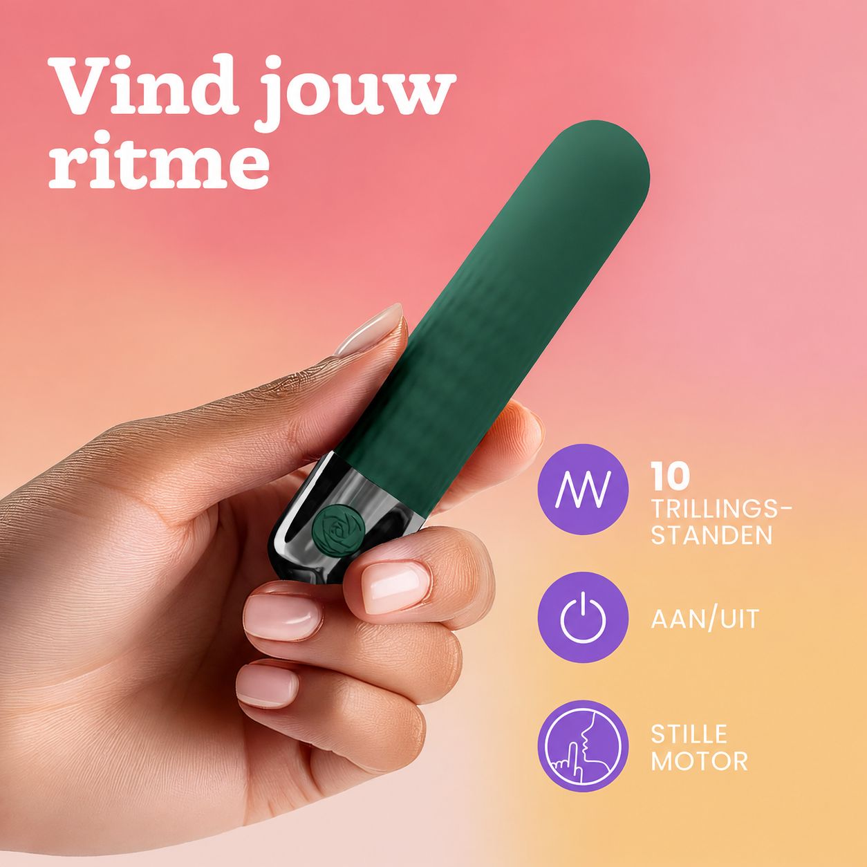 Donkergroene vibrator met zilveren accent en geribbeld patroon. Toont 10 vibratiestanden, aan/uit-symbool en stille motor.