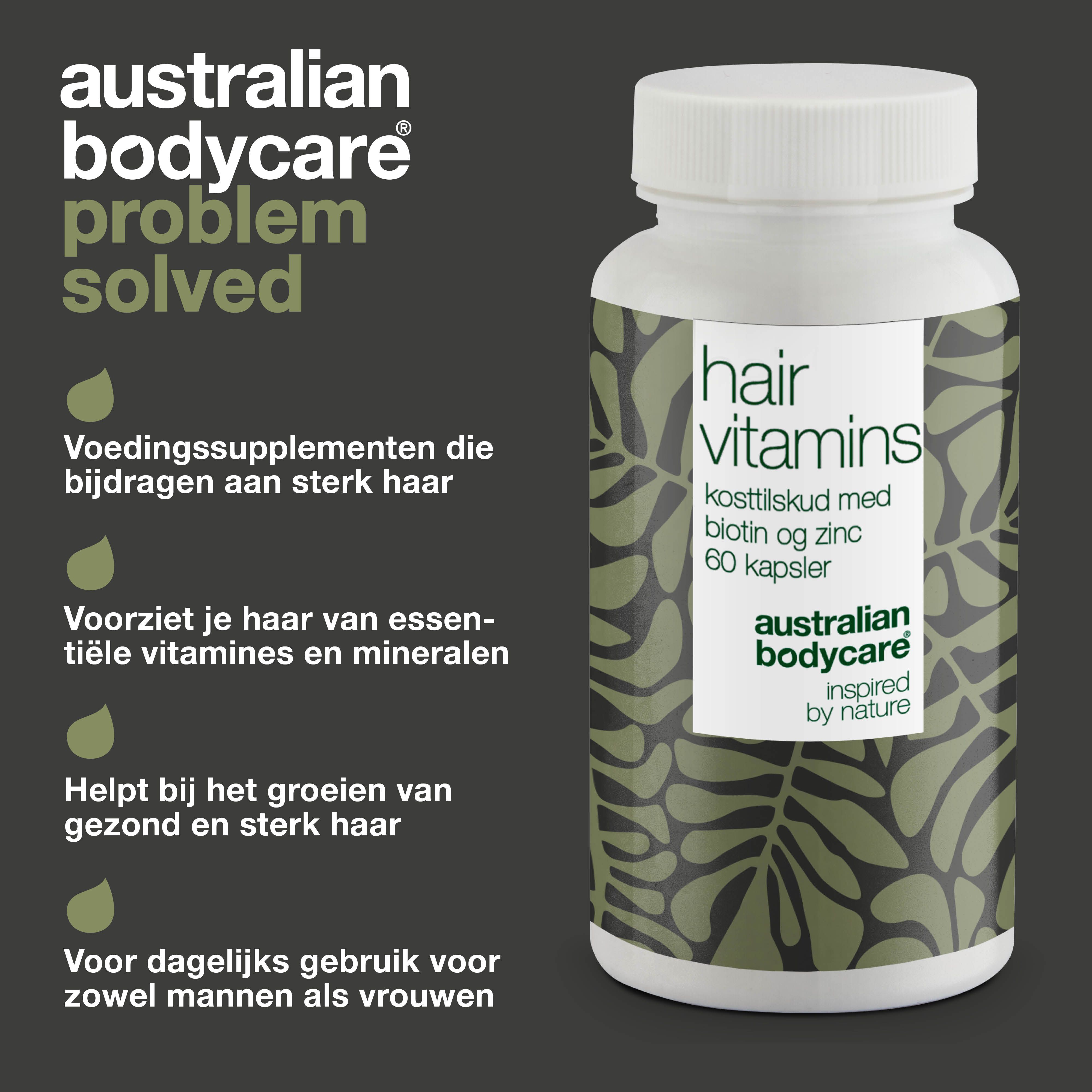 Tekst en fles met capsules. Opschrift: Hair Vitamins, biotine en zink. Merk: Australian Bodycare.
