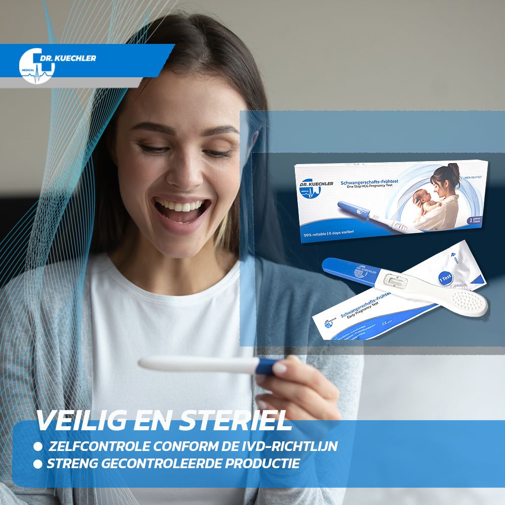 Vrouw met zwangerschapstest. "Veilig en steriel".