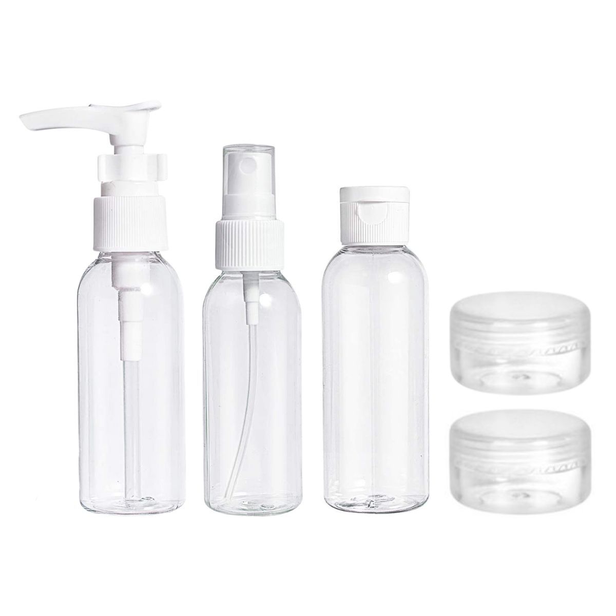 Ensemble de cinq flacons de voyage transparents : trois flacons pulvérisateurs et deux pots.