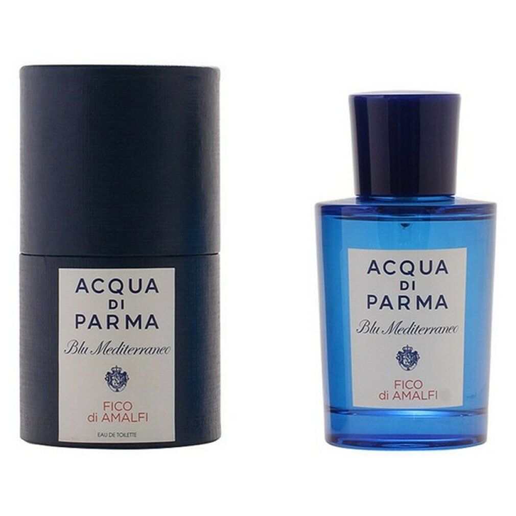 Blauw parfumflesje en cilindrische verpakking. Opschrift: Acqua Di Parma, Blu Mediterraneo, Fico Di Amalfi. Eau de Toilette.
