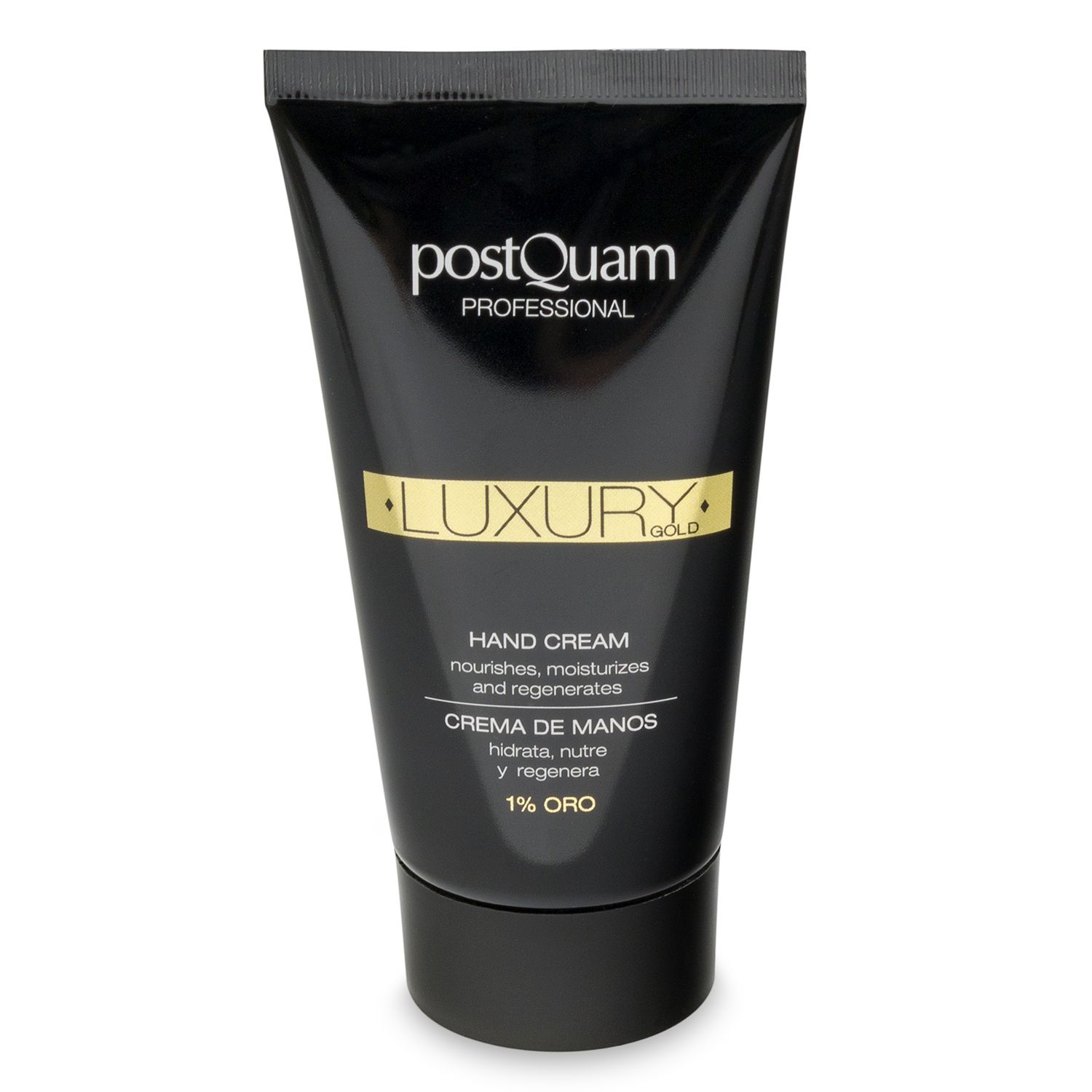 Tube de crème pour les mains noire avec inscription dorée "LUXURY" et "1% ORO". Marque: Postquam Professional. Texte: Hand Cream, Creme de Manos.