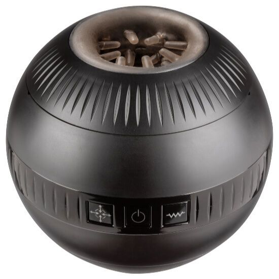Zwarte, bolvormige vibrator met ribbelpatroon en bedieningsknoppen.