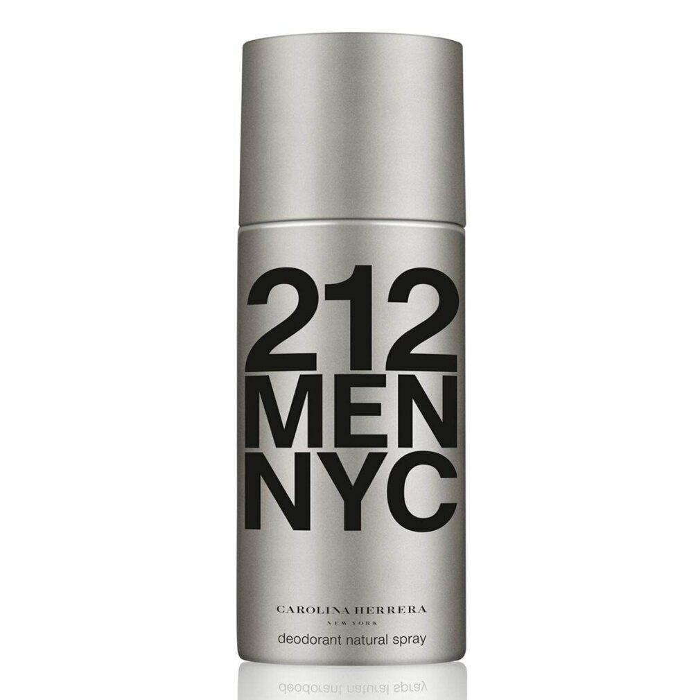 Spray déodorant argenté avec lettrage noir 212 MEN NYC. Marque Carolina Herrera. Deodorant Natural Spray.
