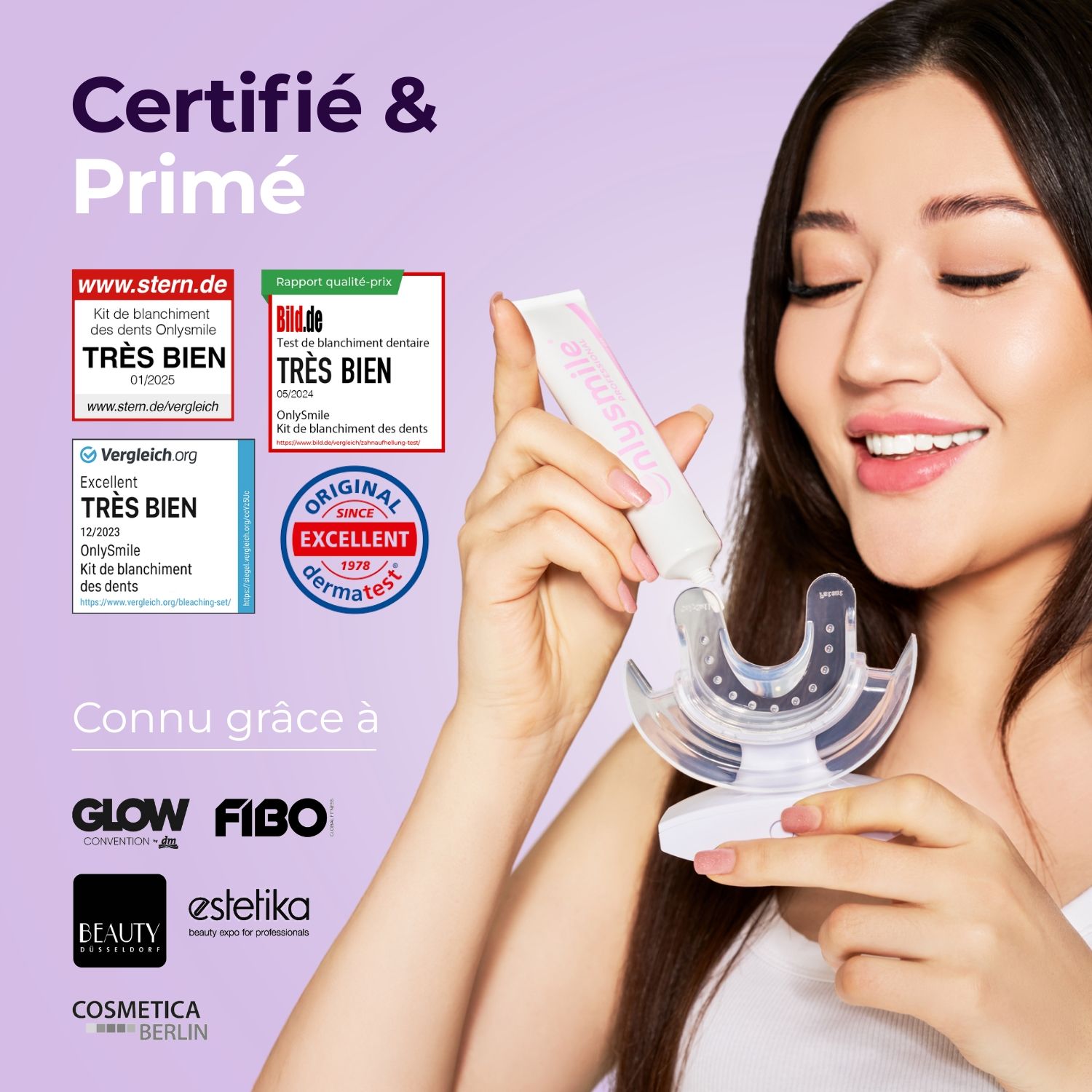 Femme tenant gel et lampe LED. Récompenses et logos. Texte : Certifié et primé.