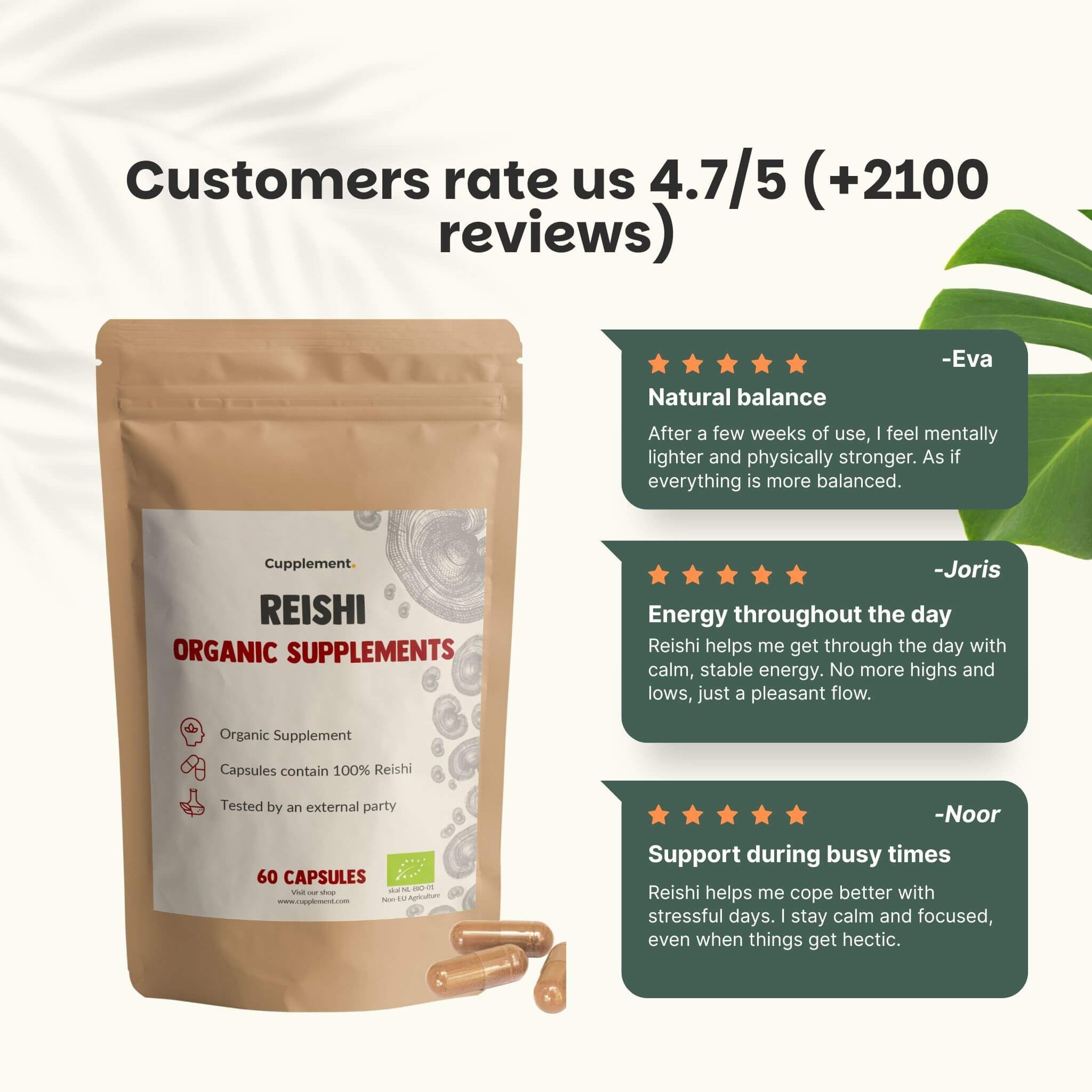 Sachet de gélules de Reishi. Texte : Les clients nous évaluent à 4,7/5. 60 gélules. Citations de clients.