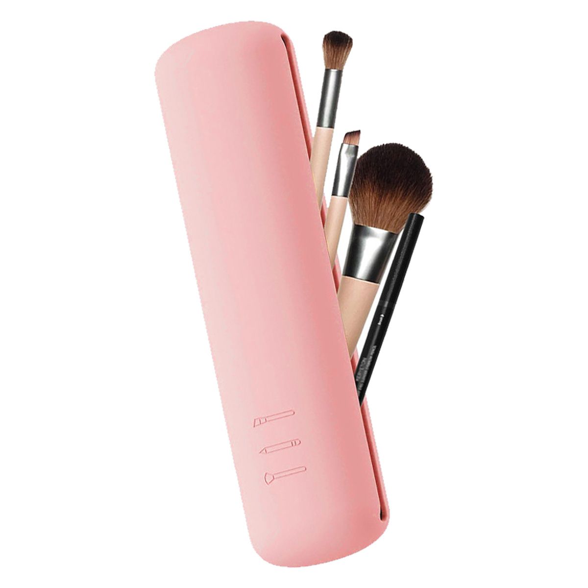 Un étui rose pour pinceaux de maquillage avec trois icônes de pinceaux.