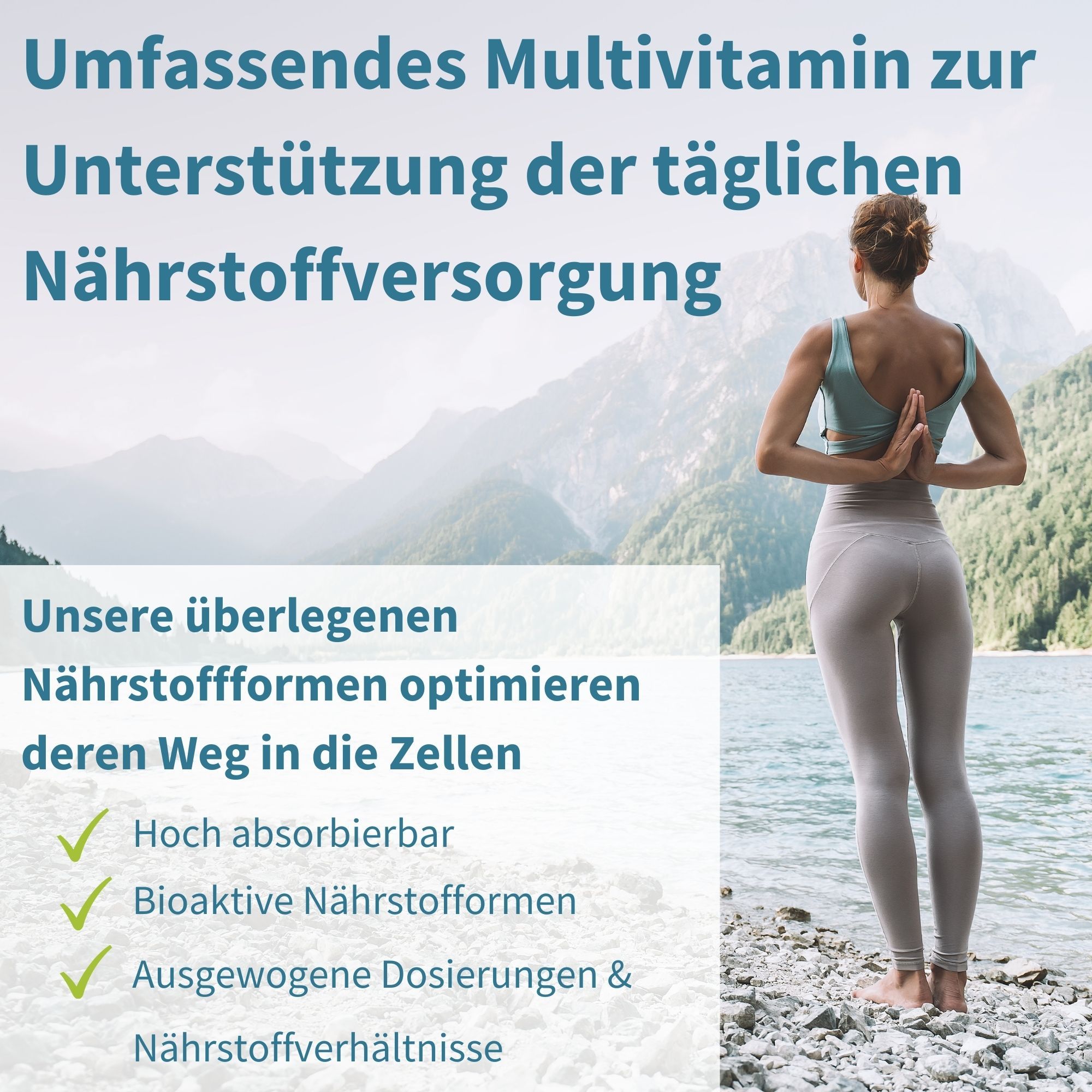 Vrouw in sportkleding kijkend naar een berglandschap, omringd door tekst over voedingsstoffen.