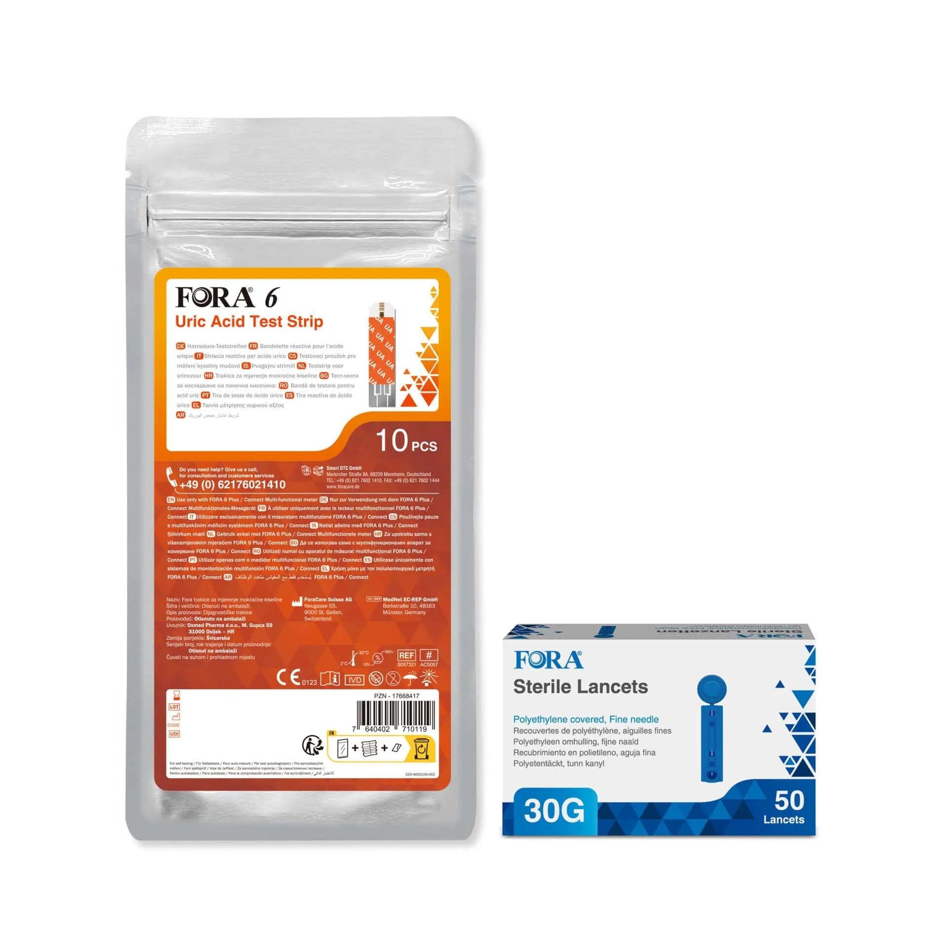 Bandelettes réactives FORA 6 pour acide urique et Lancettes stériles FORA 30G. Pack combiné pour tests d'acide urique.