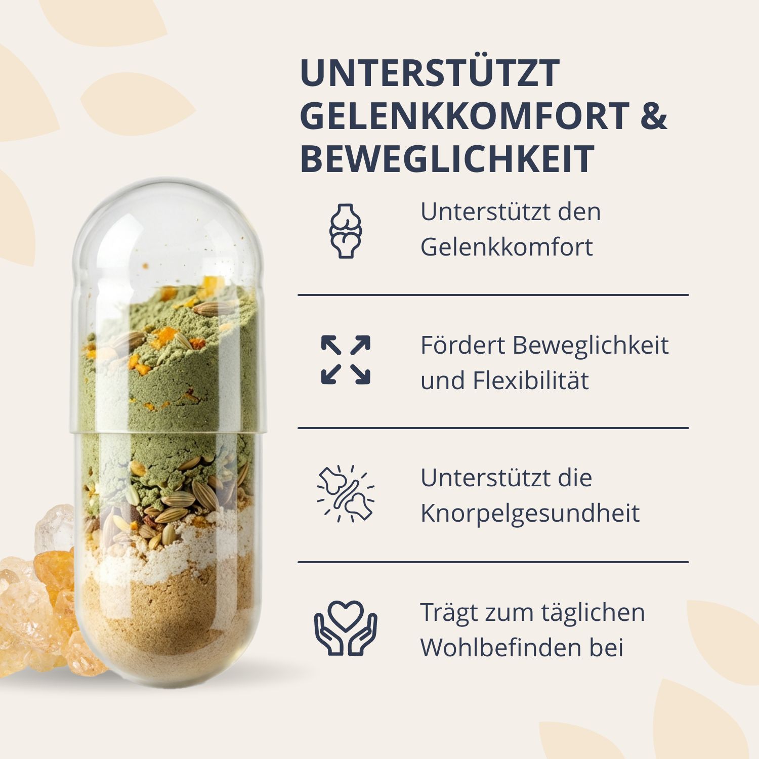 Grande capsule transparente remplie de poudre. Texte : Soutient le confort et la mobilité des articulations. Favorise la santé du cartilage.