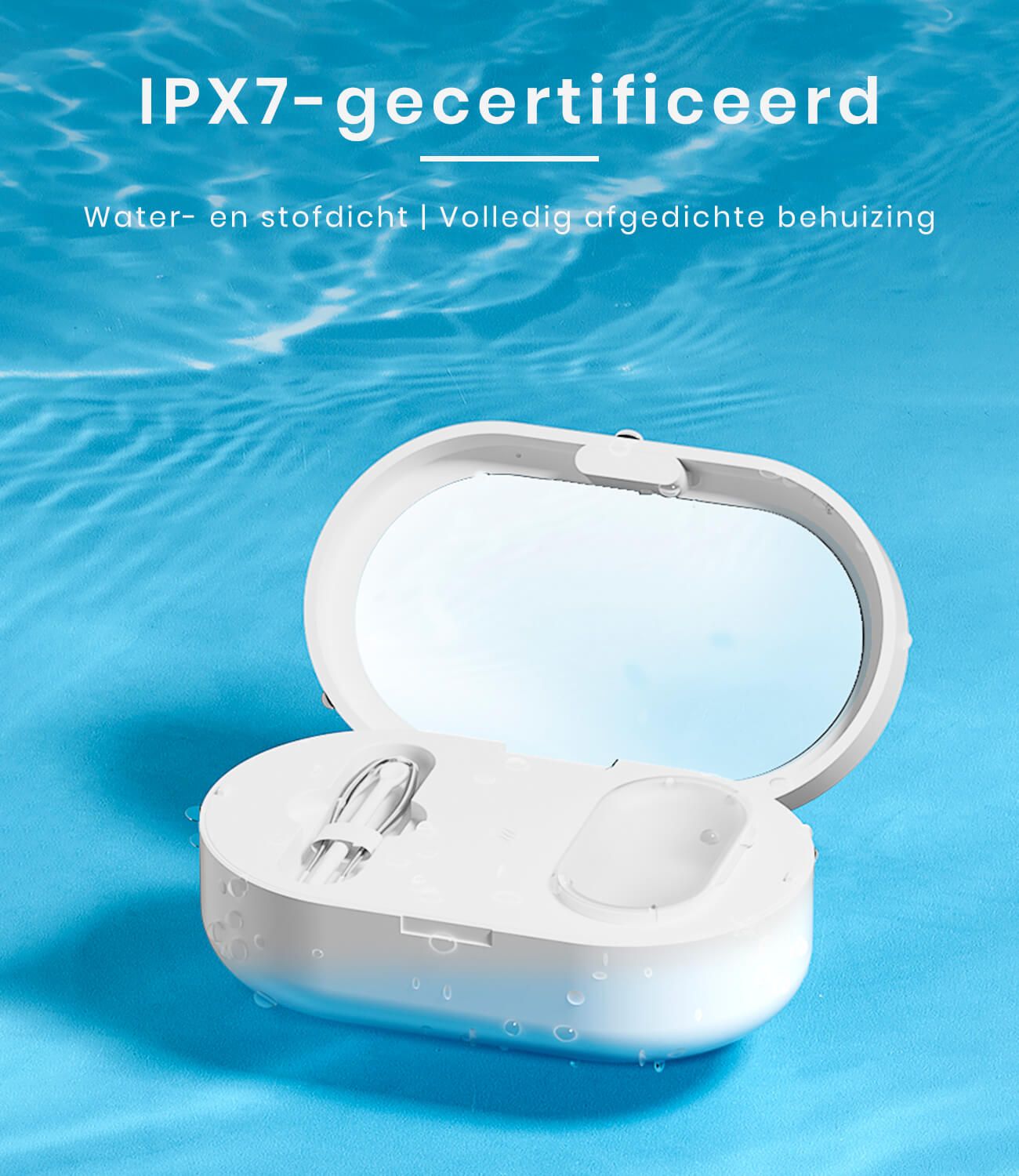 Wit, open ultrasoonreinigingsapparaat in water. Accessoires zichtbaar. Tekst: IPX7-gecertificeerd.