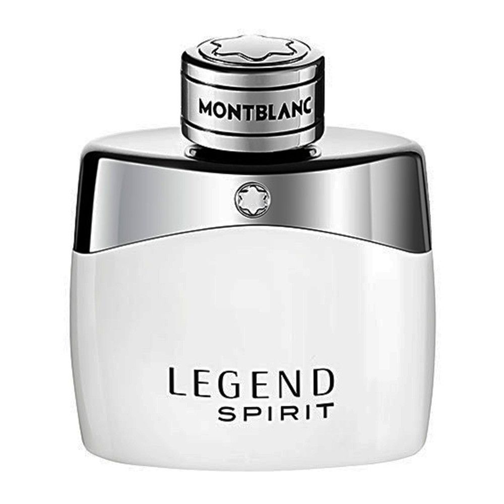 Flacon blanc avec bouchon argenté. Inscription: MONTBLANC. Inscription: LEGEND SPIRIT.
