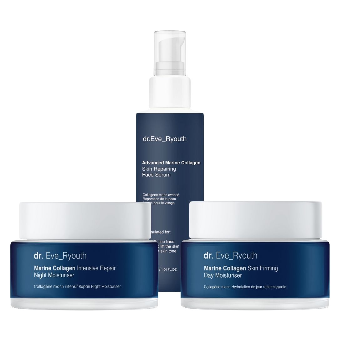 Set van drie producten: serum en twee crèmes. Donkerblauwe containers met witte deksels. Opschrift: Dr. Eve_Ryouth, Marine Collagen.