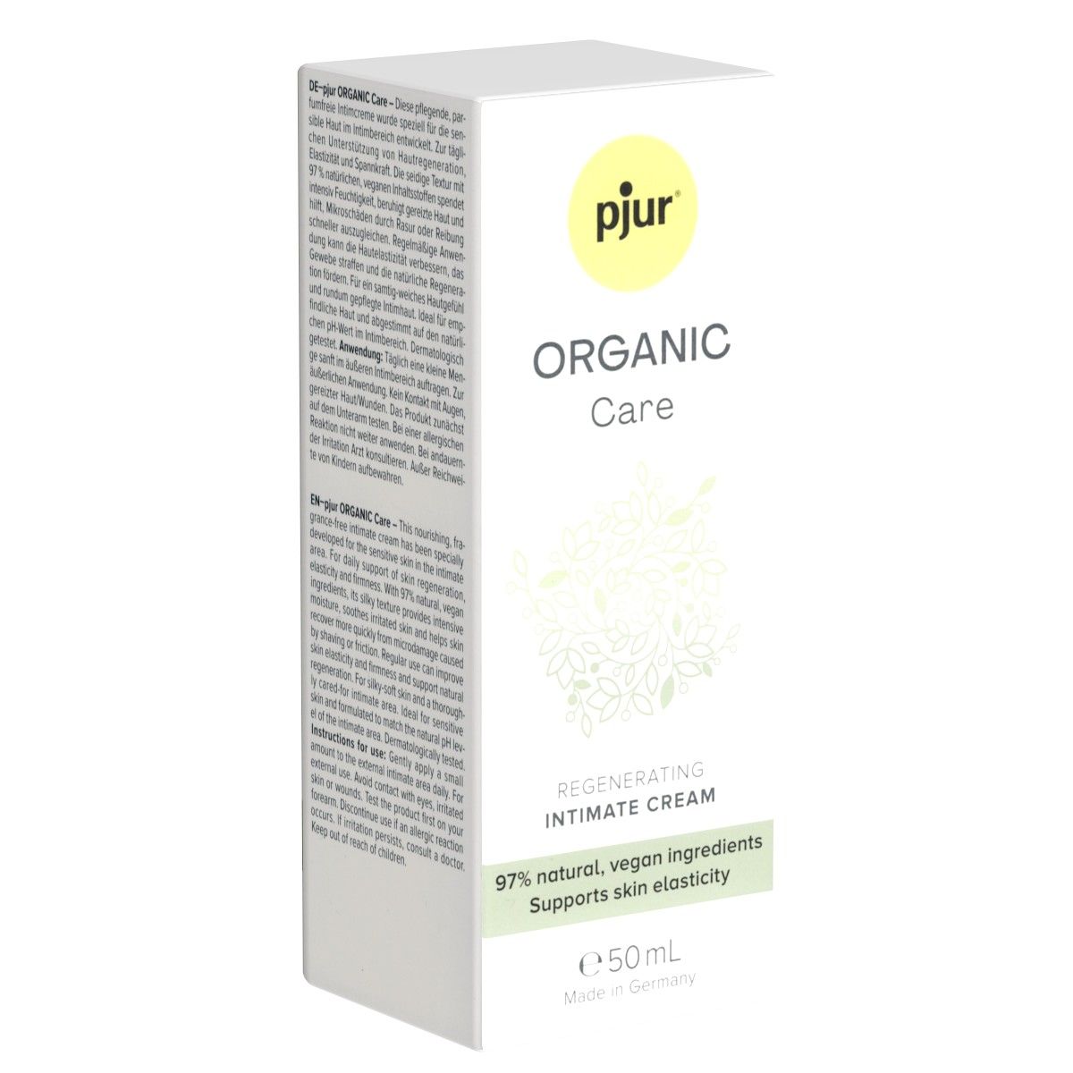 Emballage blanc "pjur ORGANIC Care". Crème intime régénérante. 97% ingrédients naturels, végétaliens. 50ml.
