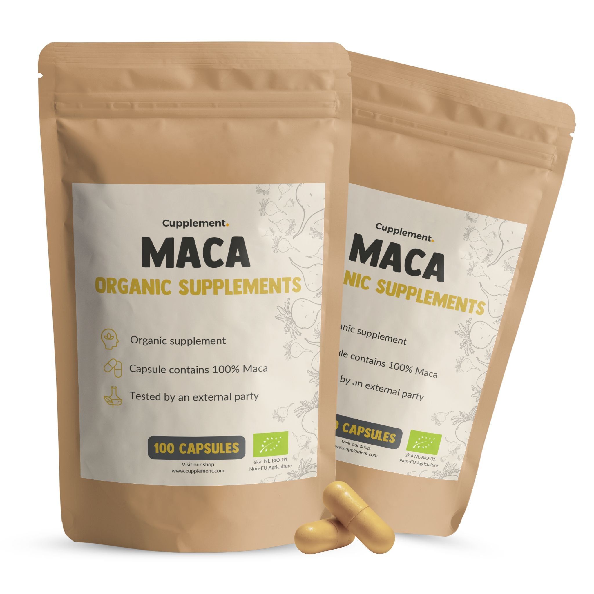 Twee zakjes Cupplement Maca 500 mg BIO. Opschrift: MACA ORGANIC SUPPLEMENTS. 100 capsules. Twee capsules ernaast.