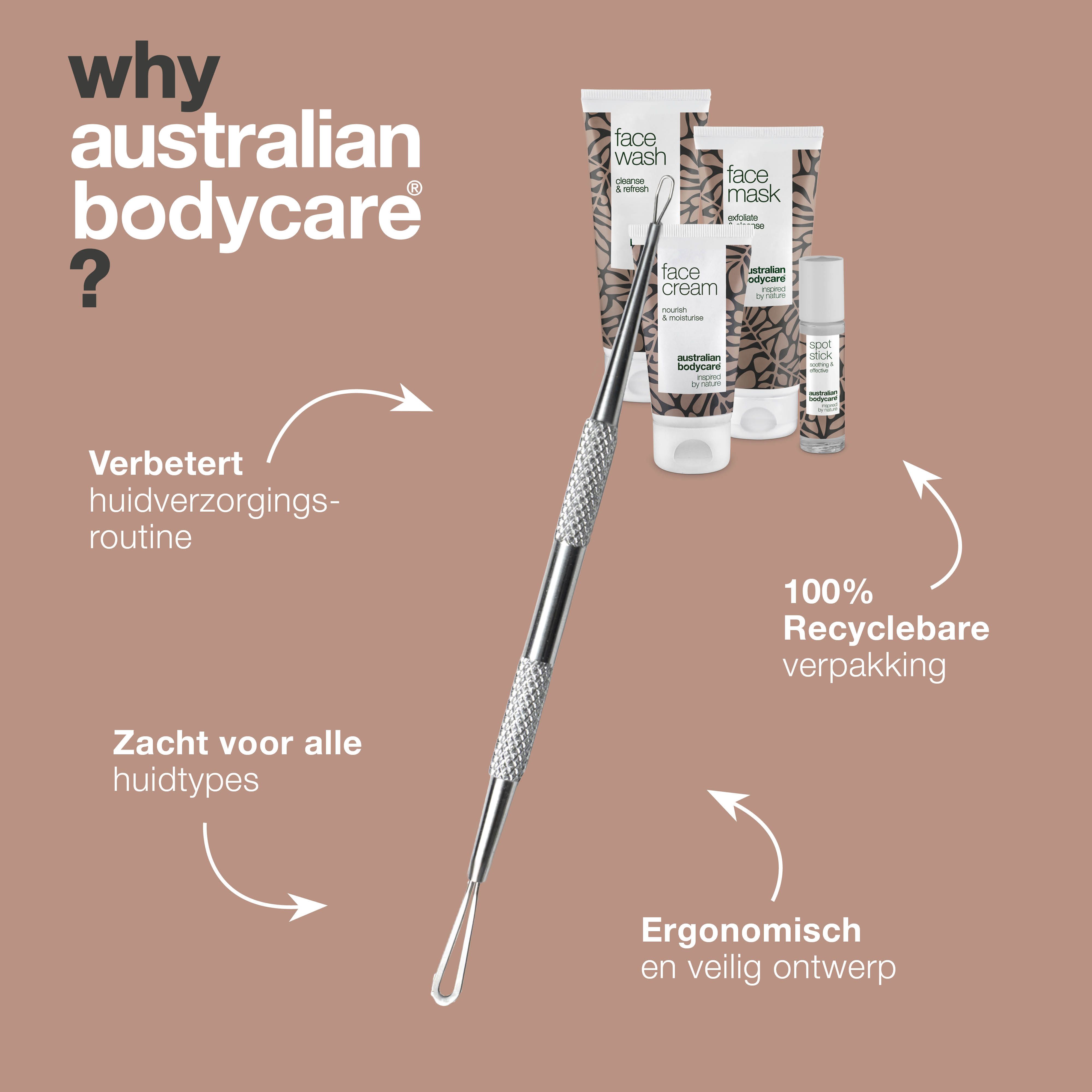 Waarom Australian Bodycare? Producten: reiniger, masker, crème, spot stick en tool. Tekst: Australian Bodycare.