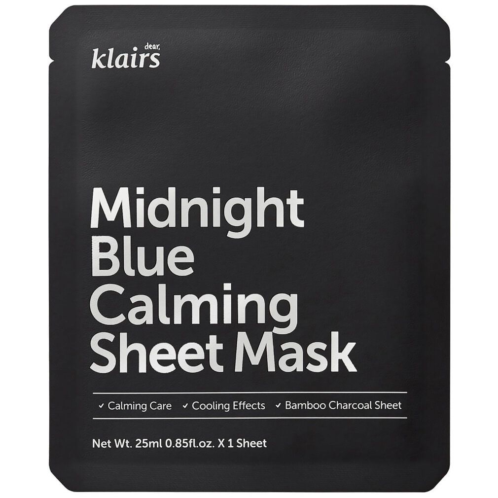 Emballage du masque Klairs Midnight Blue Calming Sheet Mask avec texte.