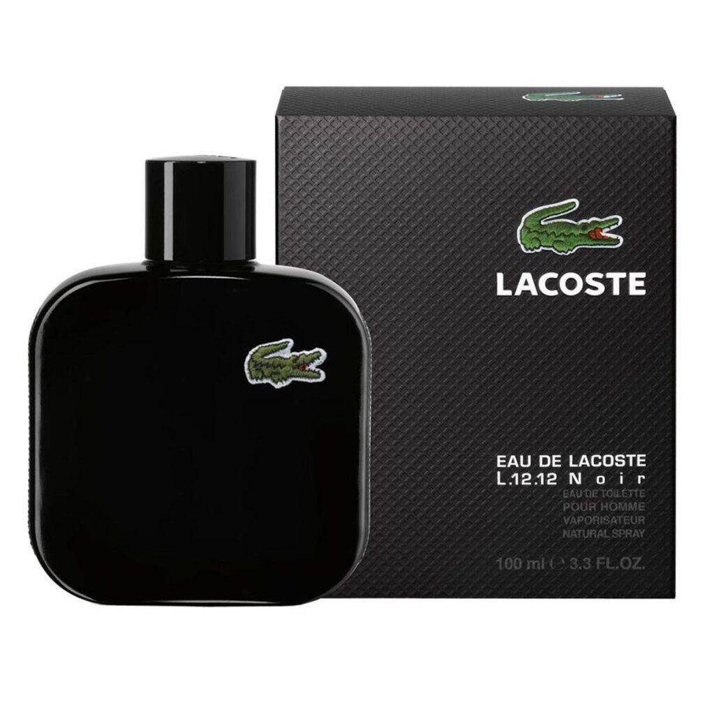 Flacon et boîte noirs. Logo crocodile vert sur le flacon et la boîte. Inscription "Lacoste L.12.12 Noir" sur la boîte.