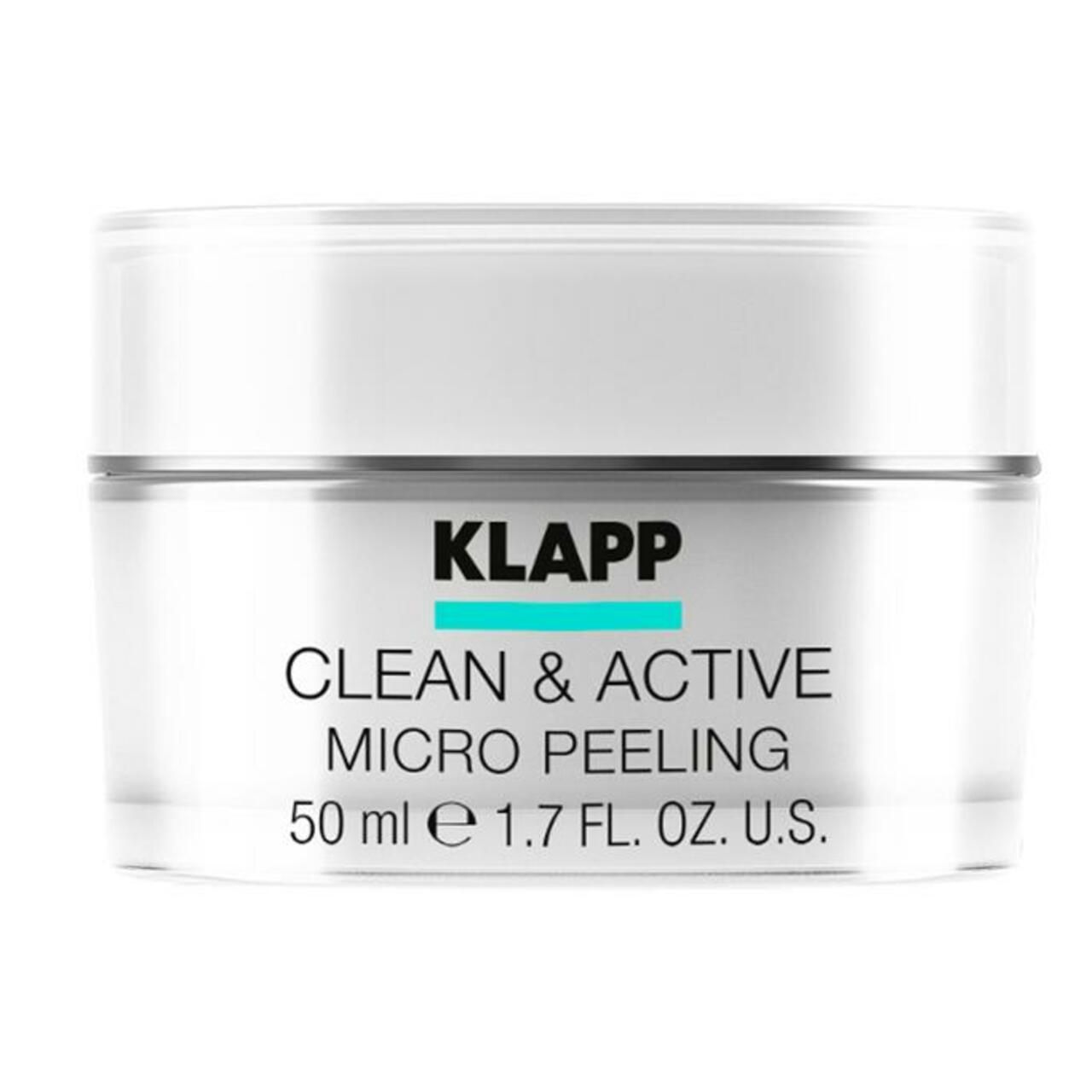 Glazen pot met witte deksel. Opschrift: KLAPP, Clean & Active Micro Peeling. 50 ml e 1.7 FL.OZ.U.S.