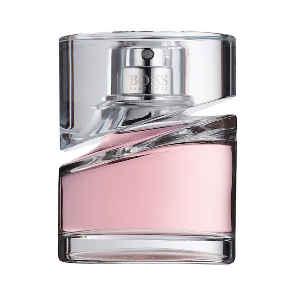 Roze parfumfles met zilveren verstuiver. BOSS-logo.