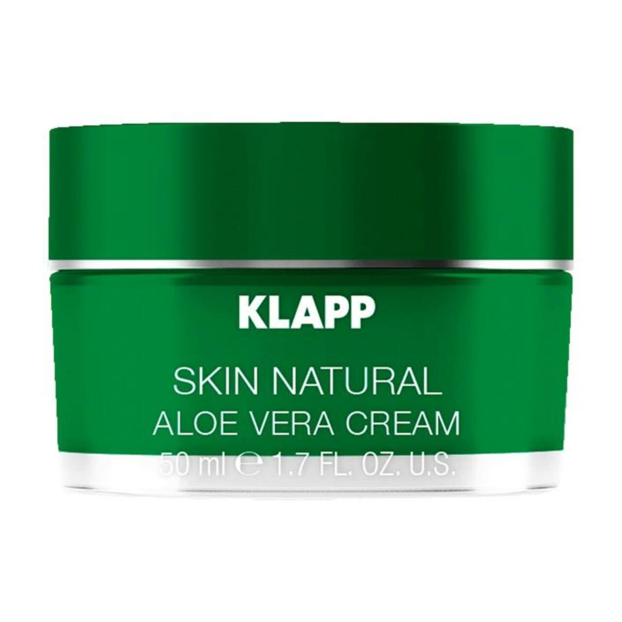 Groene pot met zilveren deksel. Opschrift: KLAPP Skin Natural Aloe Vera Cream. Volume: 50 ml.