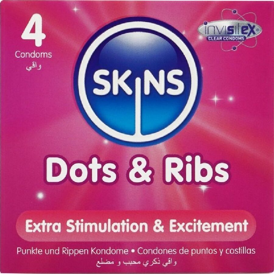 Boîte de 4 préservatifs SKINS Dots & Ribs. Inscription "Extra Stimulation & Excitement". Emballage rose.