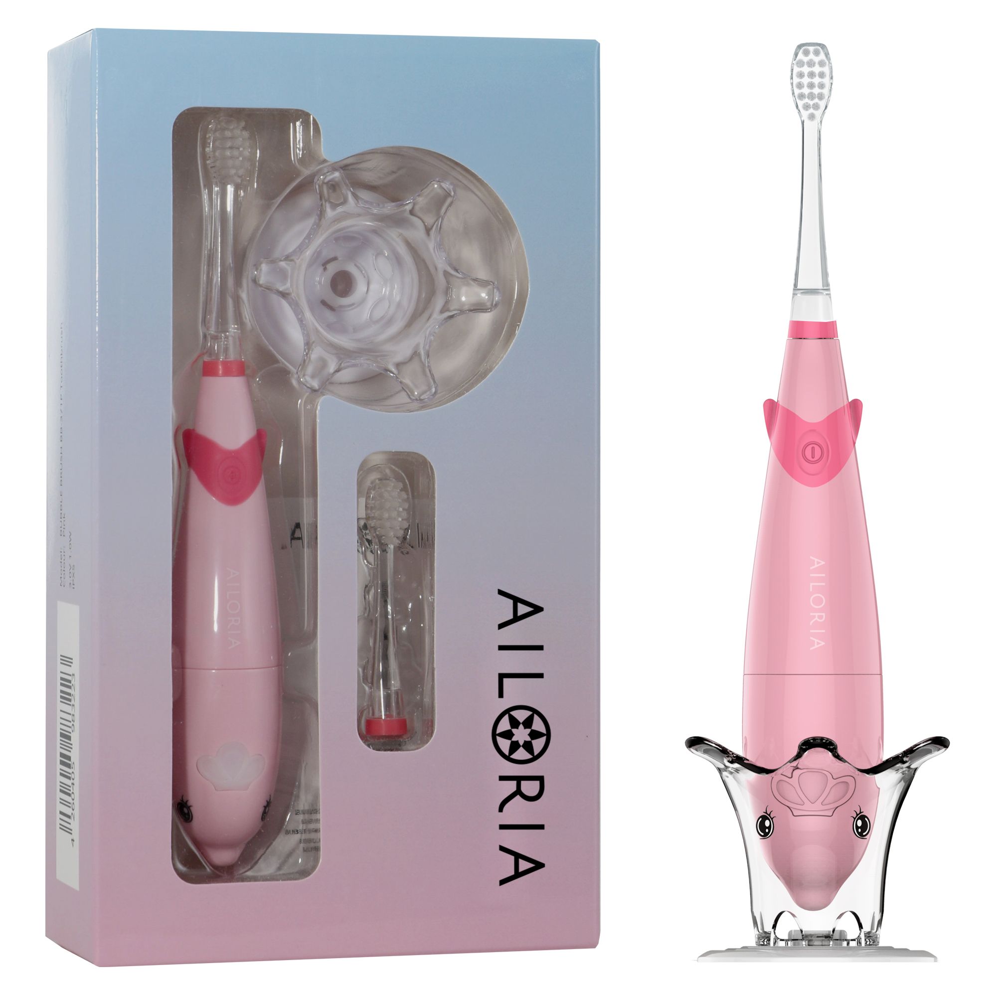Brosse à dents rose dans une boîte. Tête de brosse et support supplémentaires. Marque AILORIA.