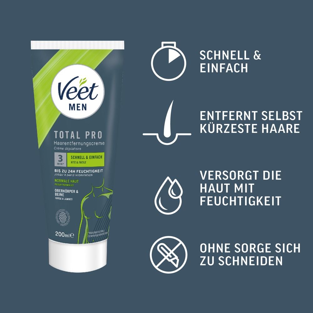 Veet Men Total Pro ontharingscrème, 200ml tube. Voor normale huid. Biedt tot 24 uur hydratatie.