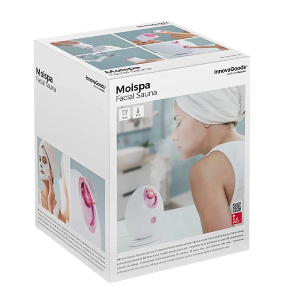 Boîte blanche avec images et texte du produit. Inscription : Moispa Facial Sauna. Marque : InnovaGoods.