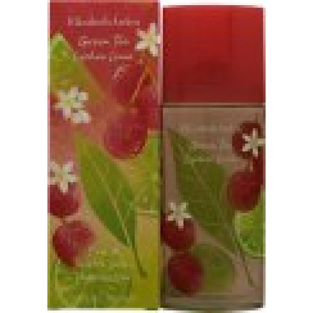 Verpakking en fles. Verpakking met rode vruchten, groene bladeren en witte bloem. Fles met rode dop en vergelijkbaar ontwerp.