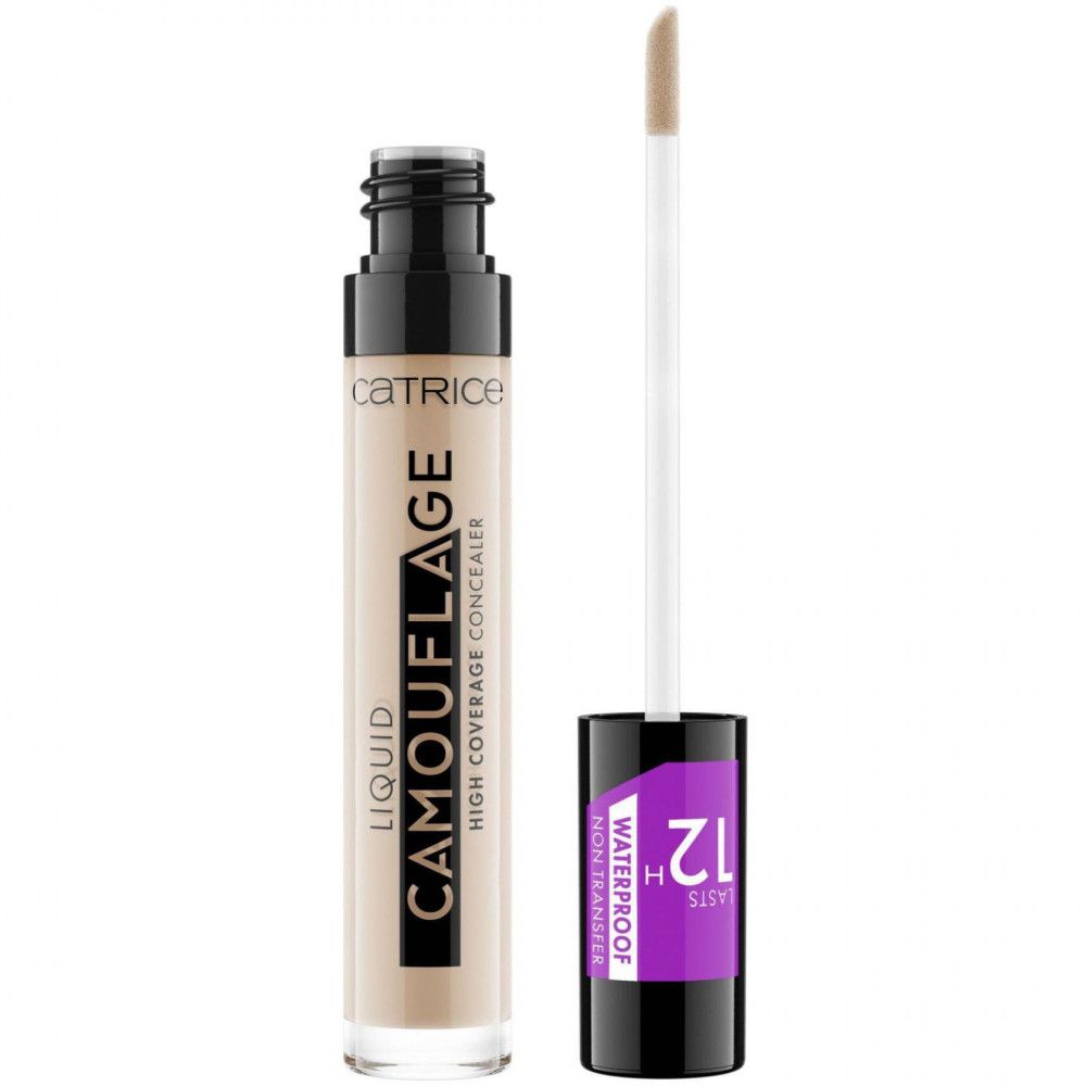 Correcteur liquide haute couvrance Catrice. Flacon avec applicateur. Texte: Liquid Camouflage, High Coverage Concealer, Waterproof, 12H.