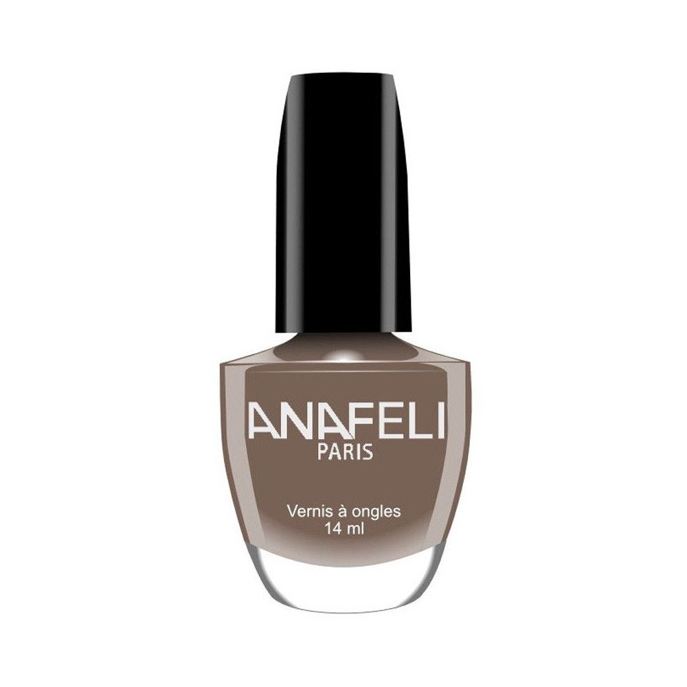 Flacon de vernis à ongles marron avec bouchon noir. Inscription: ANAFELI PARIS, Vernis à ongles, 14 ml.