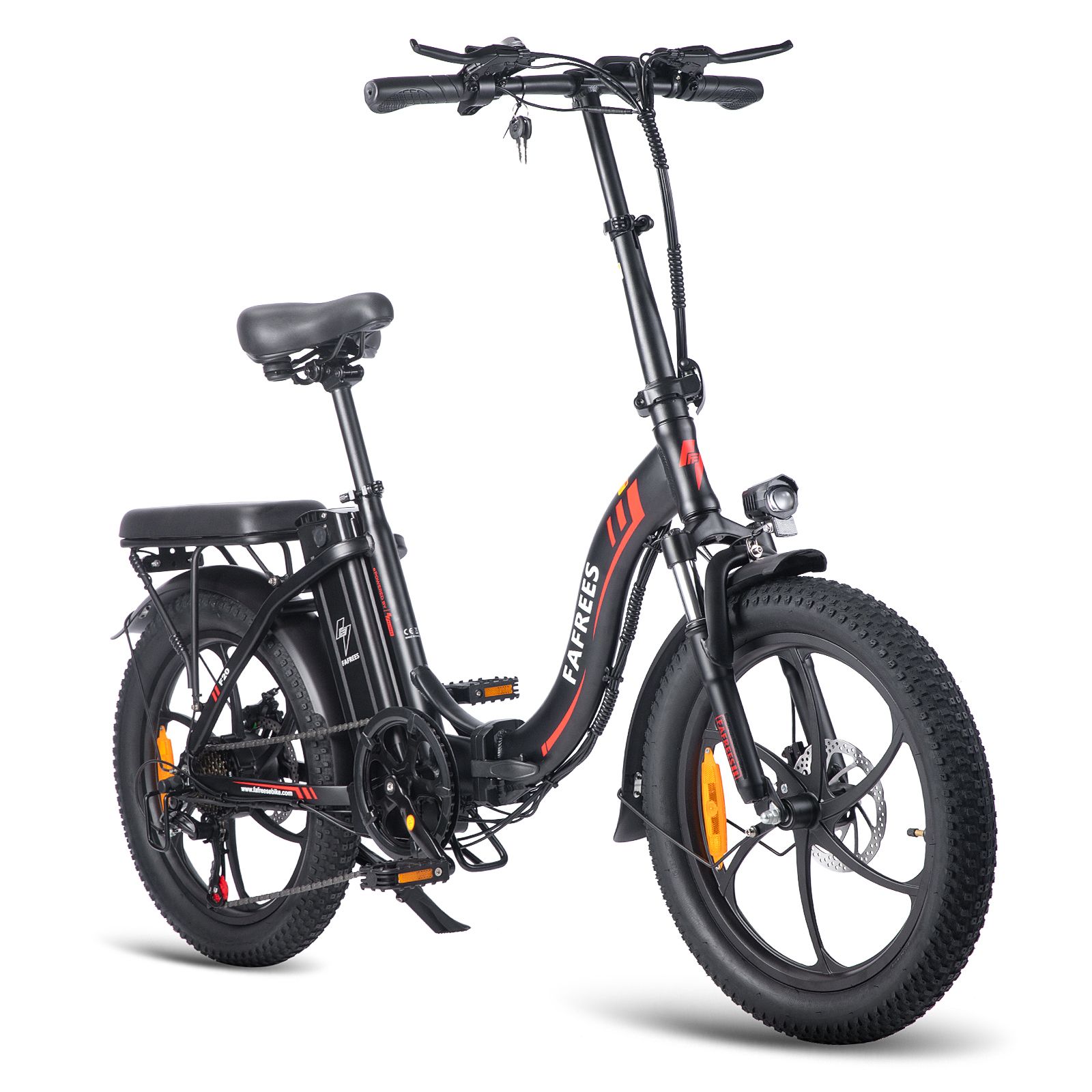 Zwarte opvouwbare e-bike FAFREES F20. Zichtbaar: zadel, bagagedrager, spatborden, schijfremmen, verlichting. Rode details.