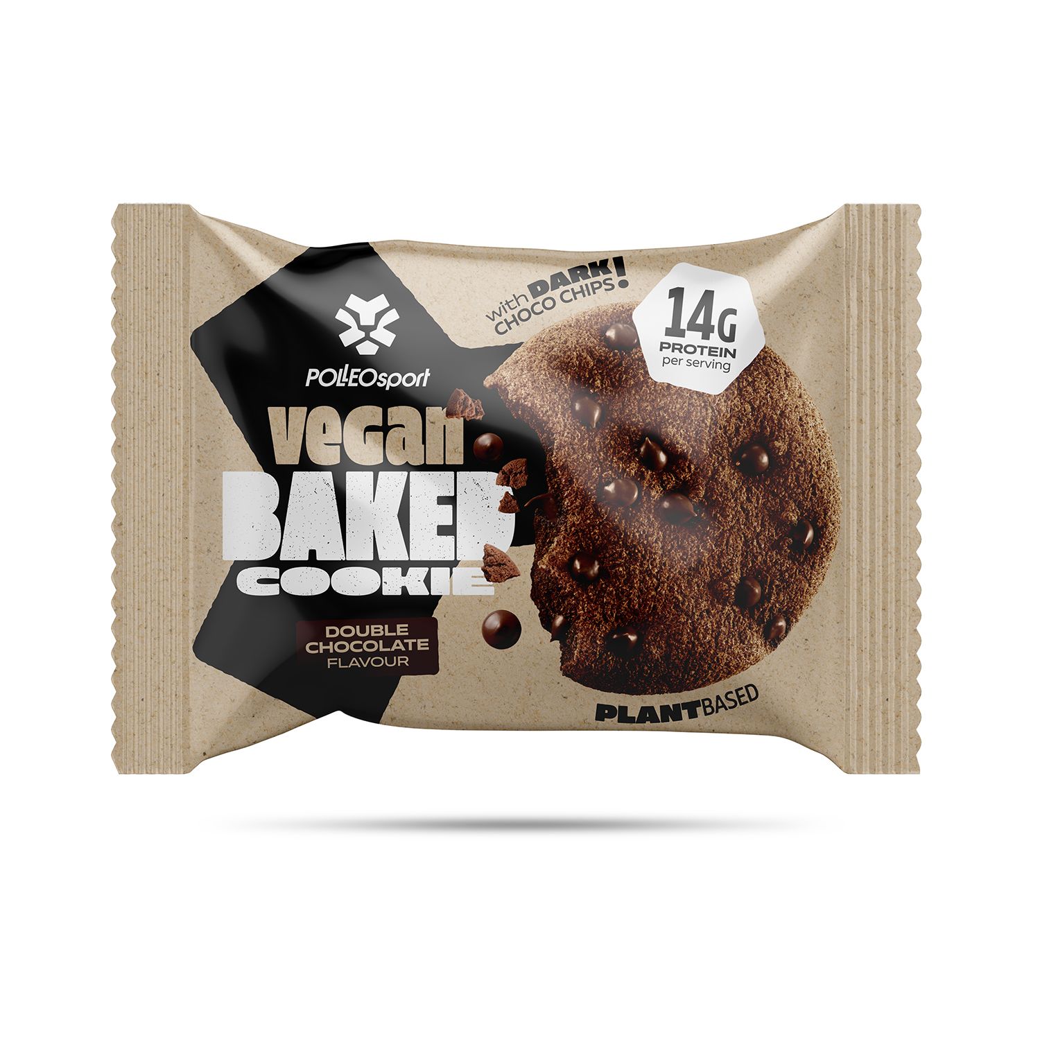 Emballage d'un cookie végétalien double chocolat, avec 14g de protéines par portion et des pépites de chocolat noir.