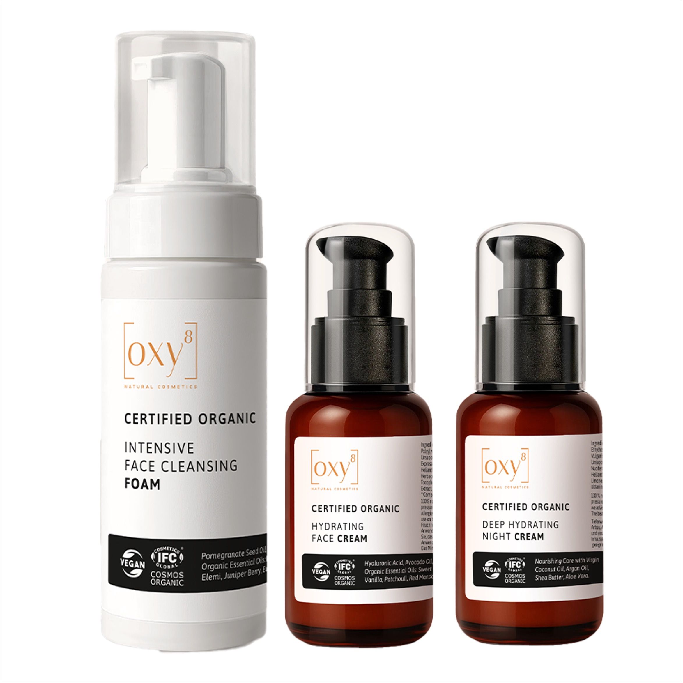 Trois flacons OXY8 Cosmétiques Naturels : mousse nettoyante, crème de jour et de nuit.