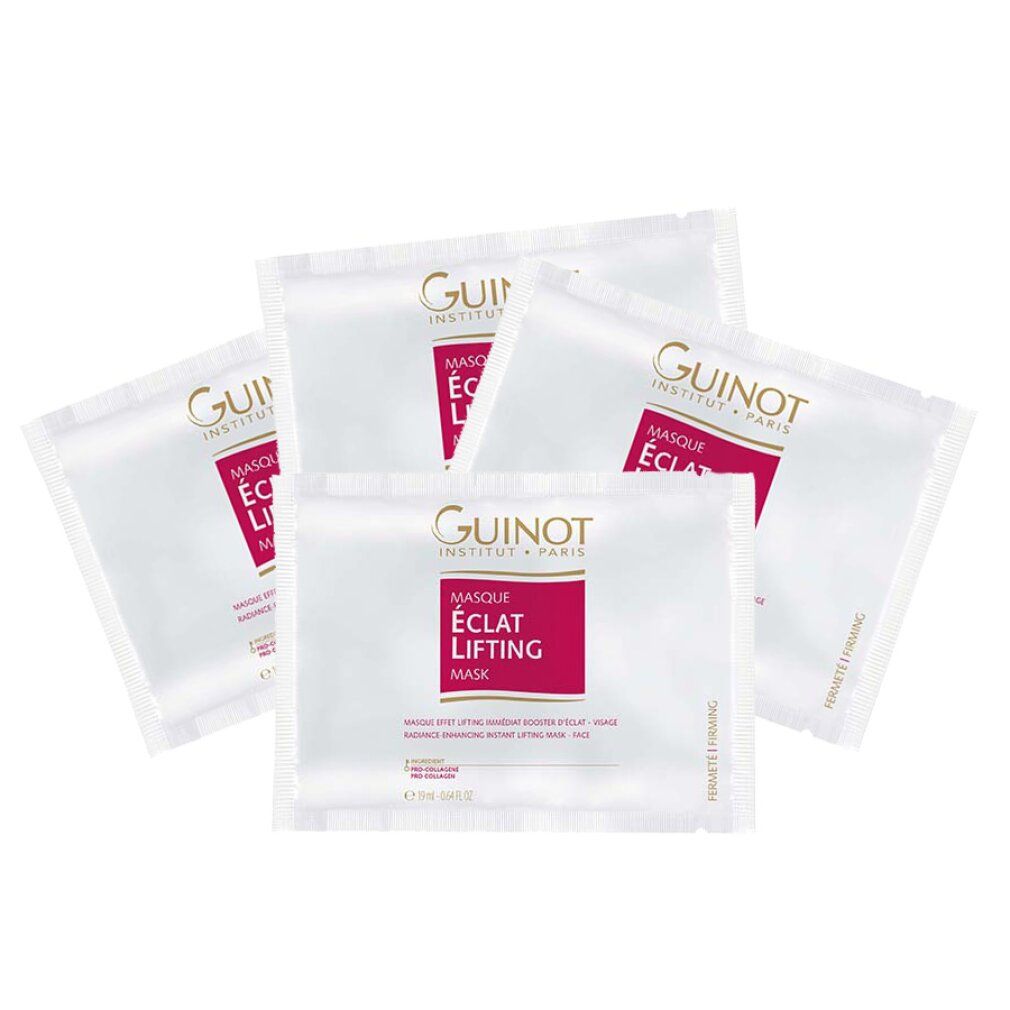 Cinq masques Guinot Masque Eclat Lifting. Sachets individuels. Sachets blancs avec rectangle rouge et informations produit. Texte: Lift Firming Mask.