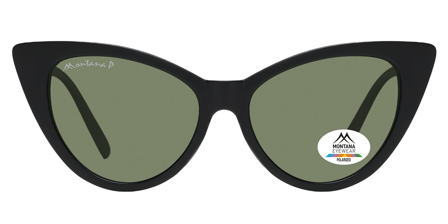 Lunettes de soleil noires avec verres verts. Logo Montana Eyewear sur la lentille et la branche. Verre polarisé.