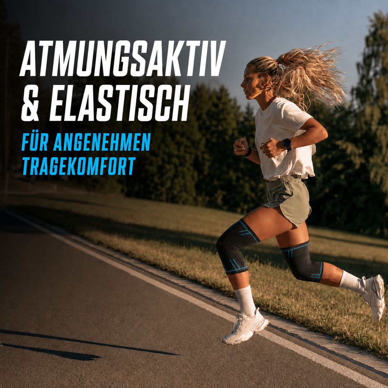 Loopster draagt kniebandages, ademend en elastisch.