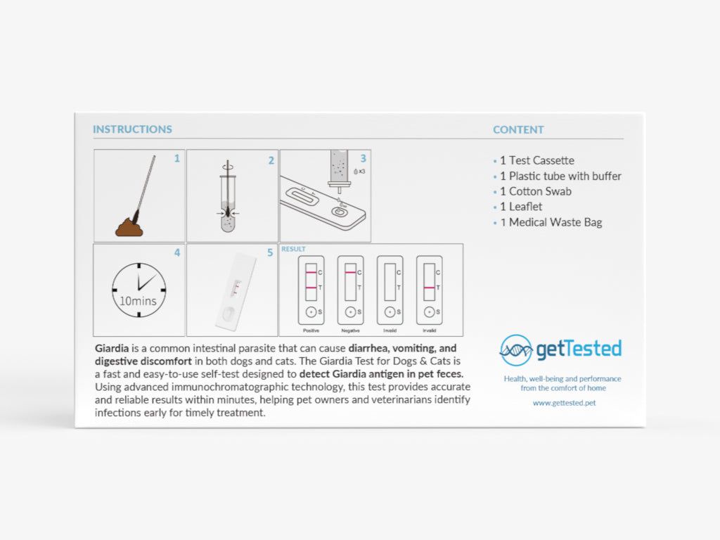 Boîte avec illustrations et texte. Contient une cassette de test, un tube, un coton-tige, une notice et un sac poubelle médical.