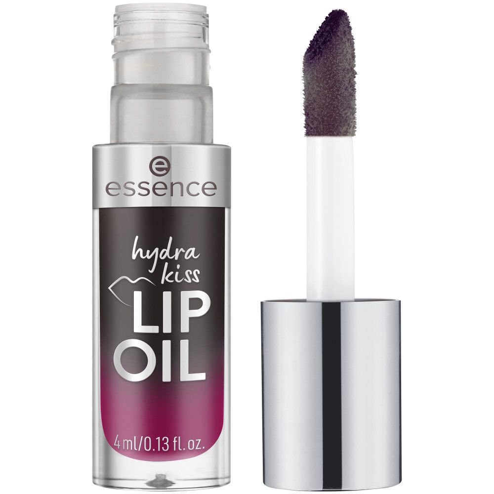 Essence Hydra Kiss Lip Oil met applicator. Zwarte verpakking met productnaam en volume.