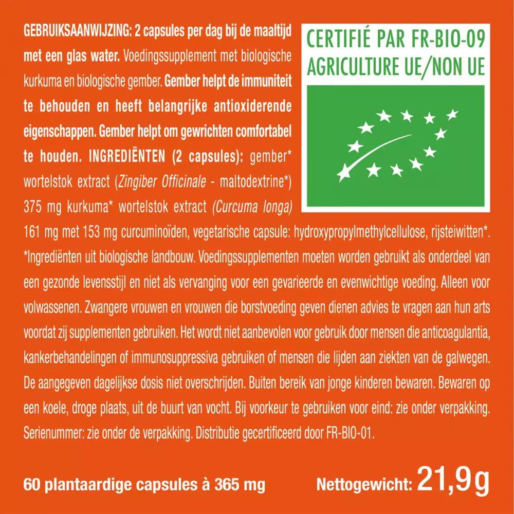 Tekst met ingrediënten en gebruiksaanwijzing. Certificering FR-BIO-09. 60 plantaardige capsules, 21,9 g.