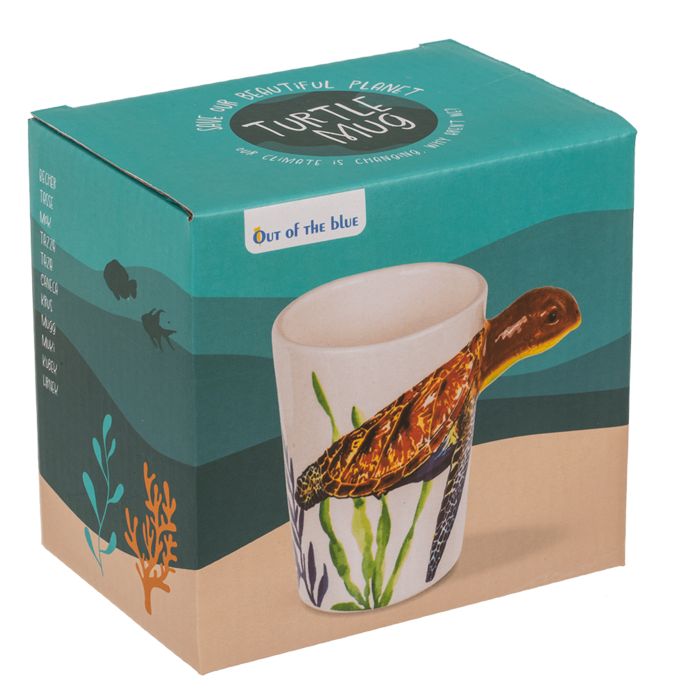 Beker in verpakking. Witte beker met schildpadhandvat, in doos met onderwatermotief. OOTB Becher Tartaruga.