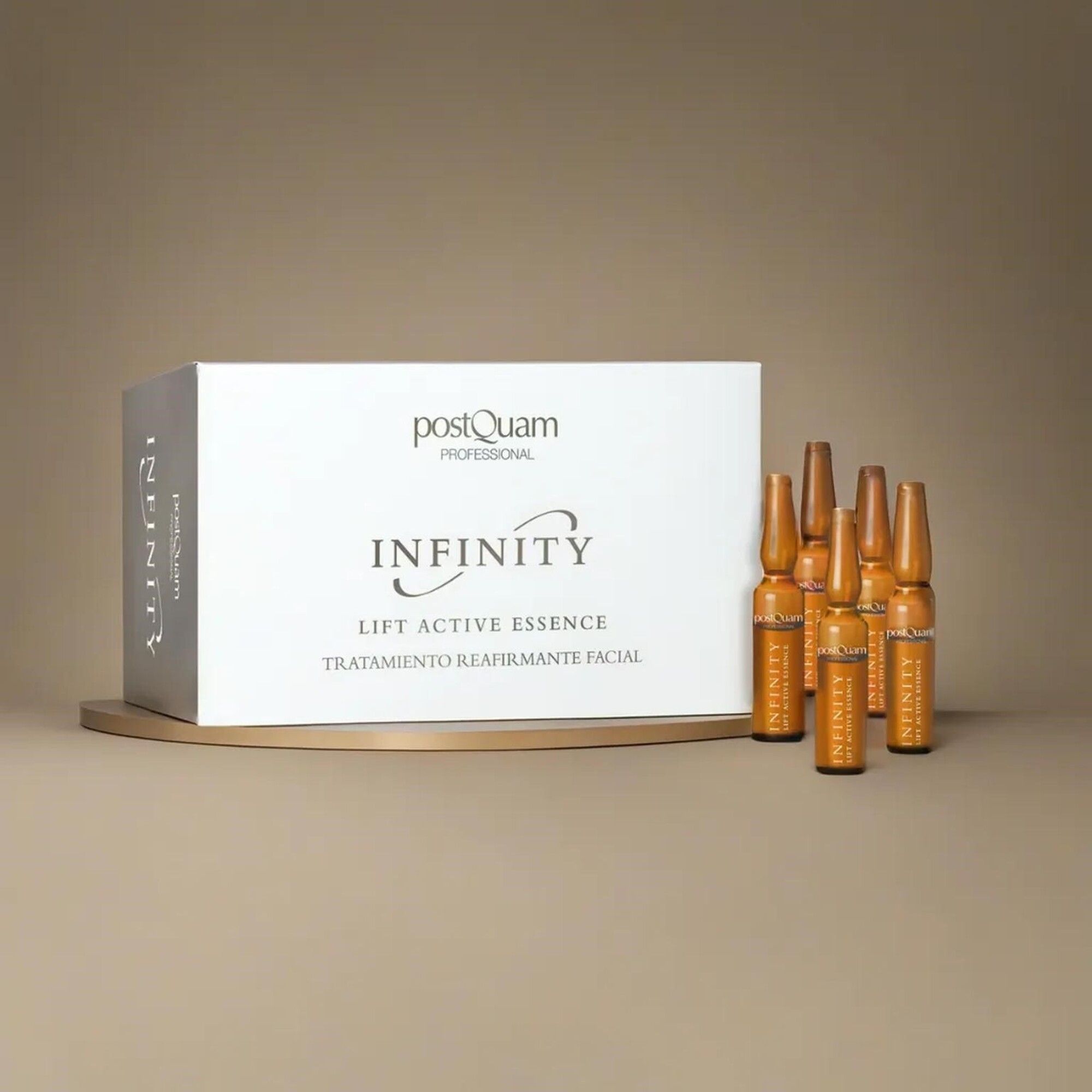Boîte et ampoules. Inscription: Postquam, Infinity, Lift Active Essence. Sur une étagère.