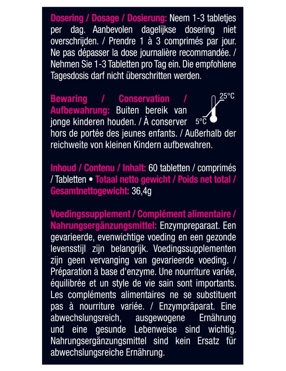 Achterkant verpakking Lactase. Bevat informatie over dosering, bewaring en voedingswaarde. Tekst in meerdere talen.