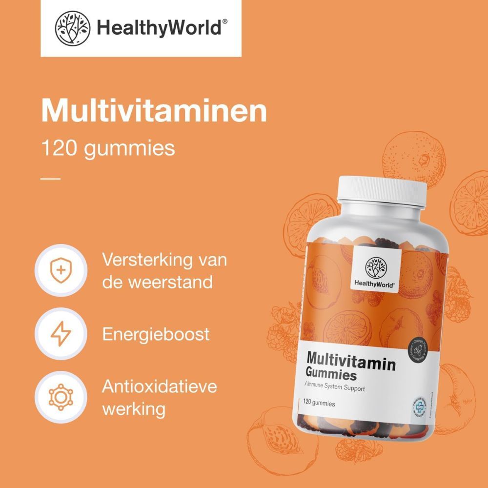 Oranje achtergrond met logo en fles. Tekst: Multivitaminen 120 gummies. Voordelen: energie, antioxidanten.