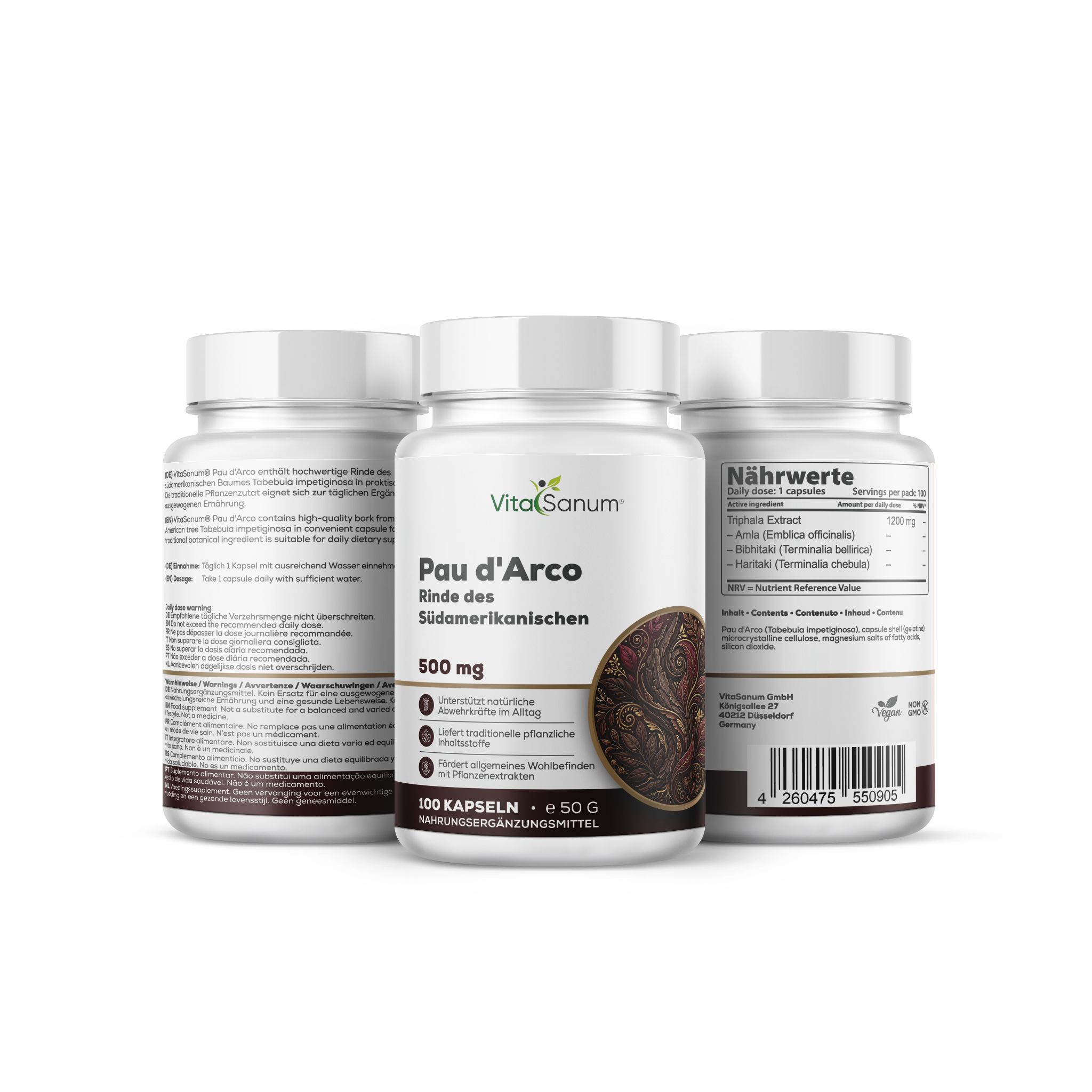 Drie potten VitaSanum® Pau d'Arco capsules, 500 mg. Eén pot van voren, twee van de zijkant.