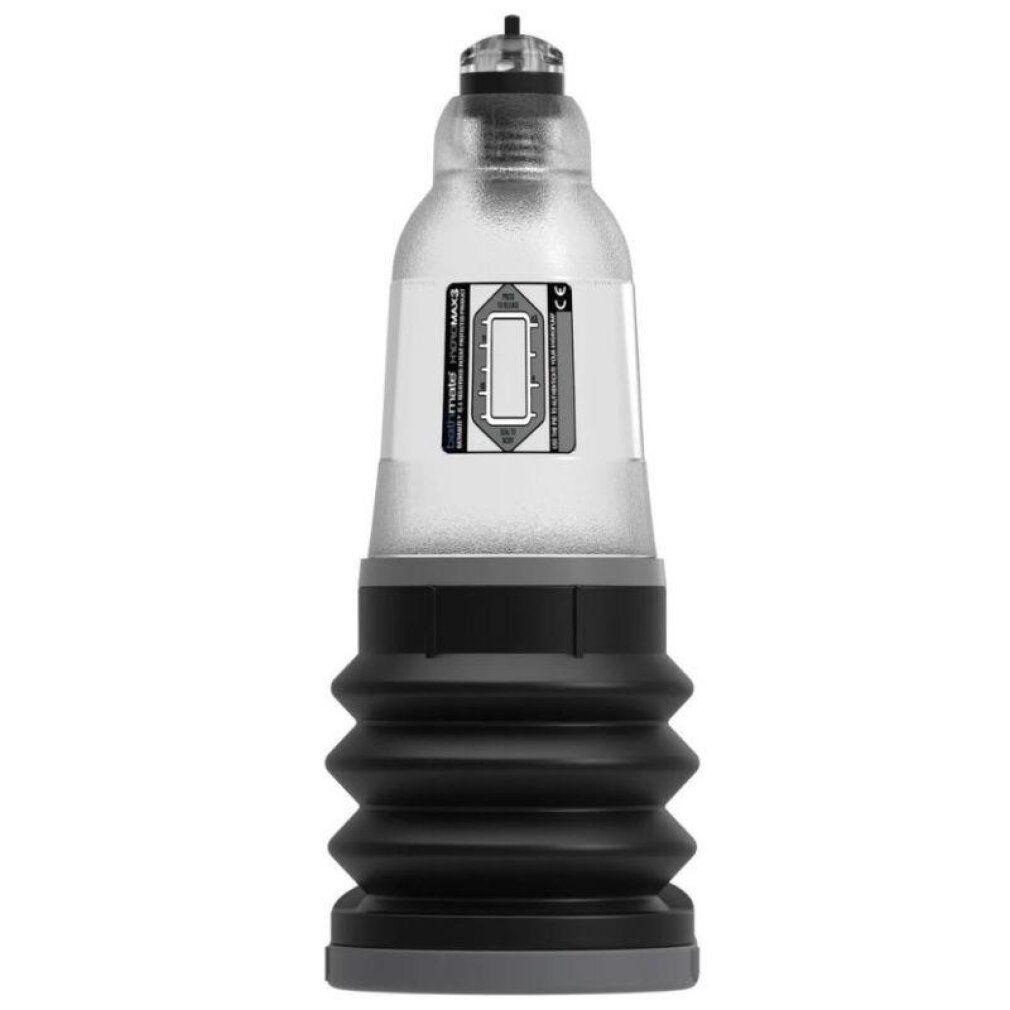 Pompe Bathmate Hydromax3 avec cylindre transparent et soufflet noir.